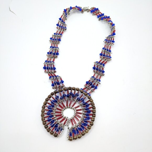 VTG Handmade Native Squash Blossom‎ Crescent Moon Necklace Blue Red Safety Pins - Picture 4 of 9